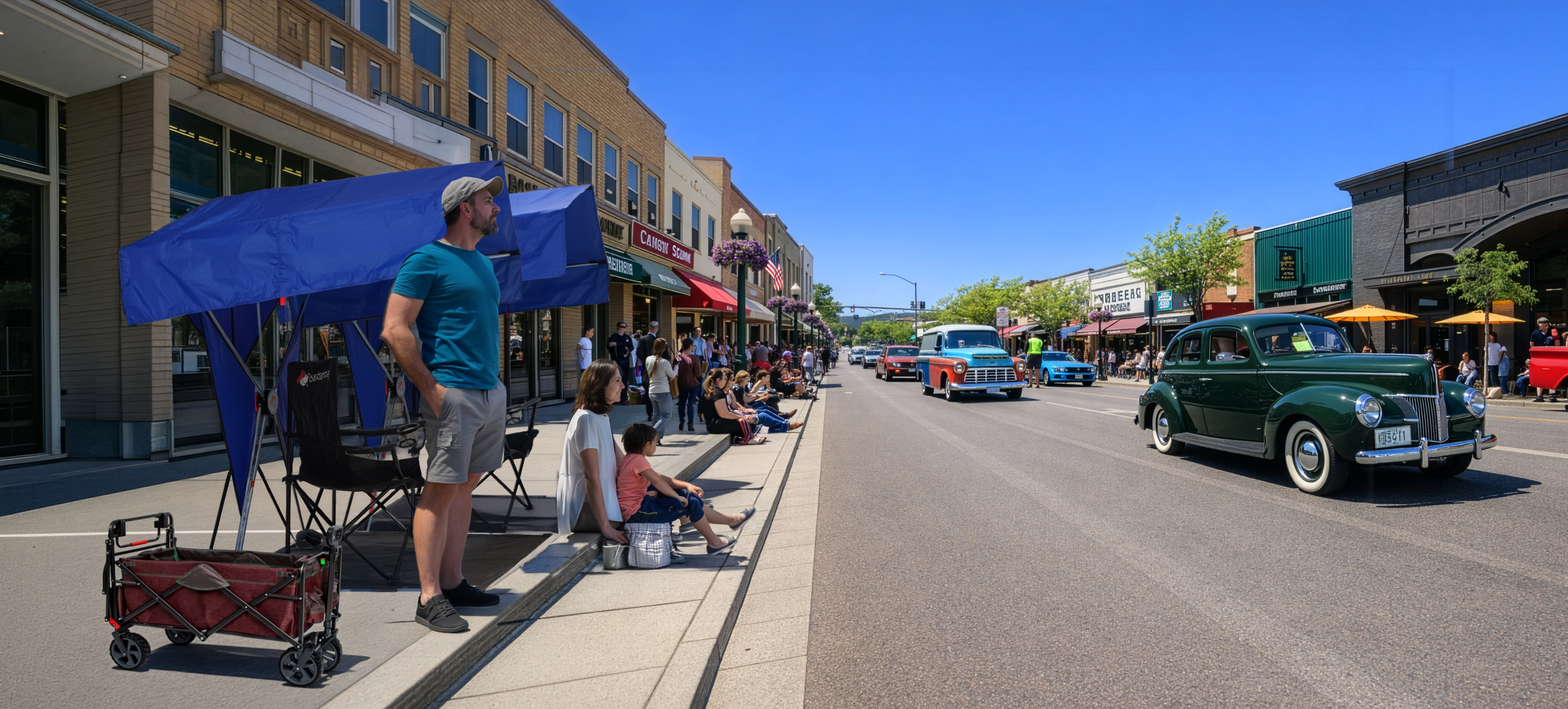 Family watching a classic car parade on a sunny street under Bandanna Shade